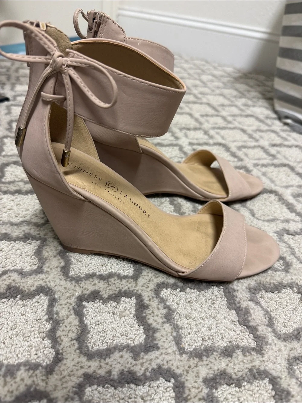Chinese Laundry Nude Blush Wedge Sandals with Ankle Tie